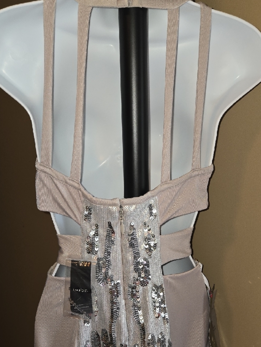 bebe Grey & Silver Sequin  Mini Dress Cut-Out Side & Strappy Back - Picture 6 of 12